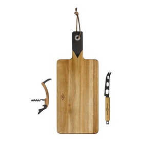 Gentlemen's Hardware Cheese & Wine Serving Set with acacia serving board, black painted handle, corkscrew and stainless steel cheese knife