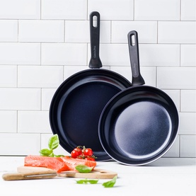 GREEN PAN Two-Piece Memphis Fry Pan Set 24cm & 28cm in black, ceramic non-stick with stay-cool handles, styled with fresh ingredients