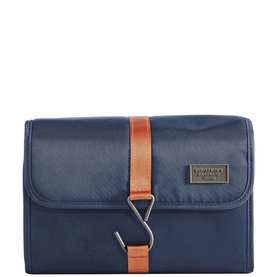 Gentlemen's Hardware Weekender Dopp Kit Roll in navy blue nylon with tan strap, silver hanger hook and branded metal plate