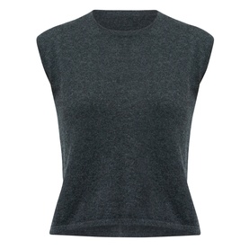 Helen McAlinden Marlena Cashmere Top in grey with crew neckline, cap sleeves, and ribbed trims. Soft-touch knit structure