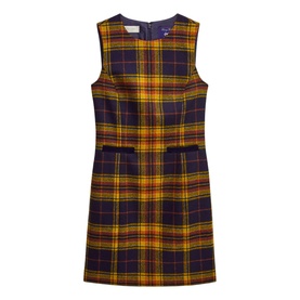 Hobbs Margot Check Mini Dress in blue plaid wool, sleeveless with round neckline, mini length, and back zip fastening