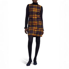 Model wearing Hobbs Margot Check Mini Dress in blue check wool, styled with black long-sleeve top, tights and blue heels