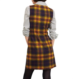 Model wearing Hobbs Margot Check Mini Dress in blue tartan check, sleeveless with back zip, styled with striped shirt underneath