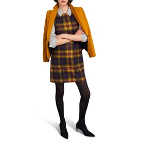 Model wearing Hobbs Margot Check Mini Dress in blue check wool, styled with white collared shirt, mustard blazer and black tights