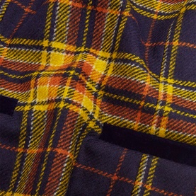 Hobbs Margot Check Mini Dress in blue wool with yellow and red tartan check pattern, close-up fabric detail shot