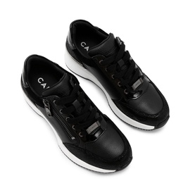 Carvela Skyline Platform Trainers in black leather, overhead view showing lace-up detail, zip accent, tonal hardware, and white platform sole