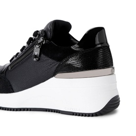 Carvela Skyline Platform Trainers in black leather with zip detail, lace-up fastening, textured panels, and white platform sole