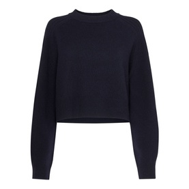 Whistles Relaxed Cropped Sweater in blue, crew neckline, long sleeves with elasticated cuffs, cropped length, flat-knitted finish
