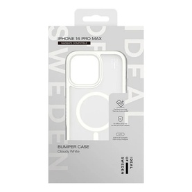 Ideal of Sweden iPhone 16 Pro Max Bumper Case in Cloudy White, clear protective case with MagSafe compatibility, shown in packaging