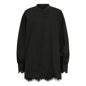 All Saints Ethel Lace Embellished Shirt in black, mandarin collar, long sleeves with single-button cuffs, lace trim hem