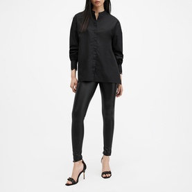 Model wearing All Saints Ethel Lace Embellished Shirt in black with mandarin collar and long sleeves