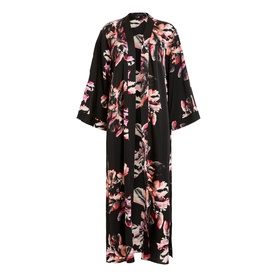 All Saints Carine Floral Kimono in pink, black floral print, open front, mid-length sleeves, maxi length, smooth fabric