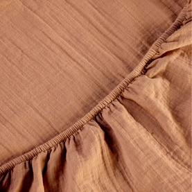 Christys 200 Thread Count Retreat Fitted Sheet in brown, elasticated corner detail shown, breathable gauzy cotton with matte finish