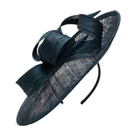 Phase Eight Bow-Detail Fascinator in navy blue, wide brim sinamay with sculptural bow, set on narrow headband