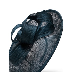 Phase Eight Bow-Detail Fascinator in teal blue, wide brim sinamay construction with ribbon bow detail, shown close up