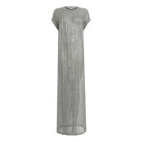 All Saints Giana Open-Stitch Dress in grey, maxi length with crew neck, short sleeves, turn-up cuffs and metallic yarn open-stitch design
