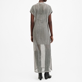 Model wearing All Saints Giana Open-Stitch Dress in grey, back view, metallic yarn open-stitch design, short sleeves, styled with black ankle boots