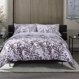 The Lyndon Company All Grown Up Duvet Set Pink, 100% cotton, with botanical leaf print in pink and plum tones, styled on a double bed