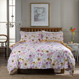 The Lyndon Company Mary Mary Duvet Set in multi, featuring watercolour floral print in pink, yellow and lilac on white cotton bedding