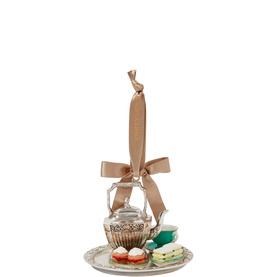 Fortnum & Mason Afternoon Tea Tree Decoration with silver tray, teapot, cakes, macarons and branded champagne satin ribbon hanger