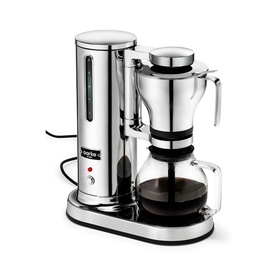 Aarke Coffee Brewer Stainless Steel in silver with glass carafe, milk frother tower, and black base