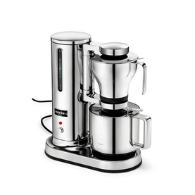 Aarke Coffee Brewer Stainless Steel in silver, with polished finish, dual-chamber design, carafe and milk frother on a base unit