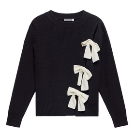 Mint Velvet Bow Knit Sweater in black with crew neckline, long sleeves, and three ivory satin bow embellishments on front