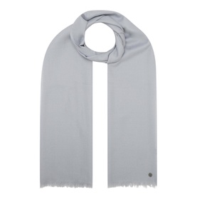 Fraas Frayed Logo Scarf in grey, 100% virgin wool, oblong shape with frayed ends and small metallic logo plaque