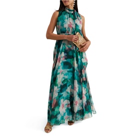 Model wearing Phase Eight Lucinda Floral Dress in multi, teal watercolour floral maxi with high neck, sleeveless, styled with gold heels and clutch