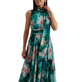 Model wearing Phase Eight Lucinda Floral Dress in teal multi, sleeveless maxi with high neck, waist detail, and watercolour floral print