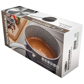 Stellar Rocktanium Non-Stick Milk Pan 700ml in black, shown in packaging with product imagery and feature icons visible