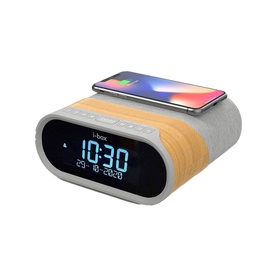 IBox Radio Silver alarm clock speaker with digital display and wireless phone charging pad on top, in grey and wood finish