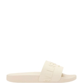 All Saints Chalk White embossed logo slide sandals with flat rubber sole, side profile view
