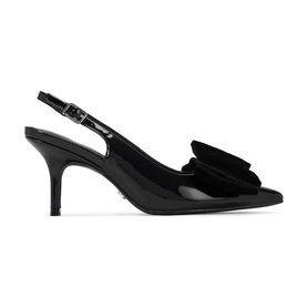 Carvela Lavish Bow Slingback Pumps in black patent synthetic, featuring velvet bow, pointed toe, slingback buckle strap, and stiletto heel