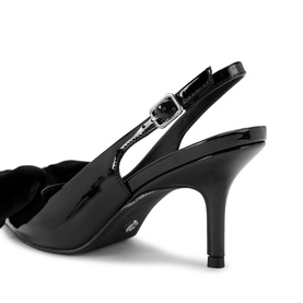 Carvela Lavish Bow Slingback Pumps in black patent, featuring bow embellishment, slingback buckle strap and stiletto heel