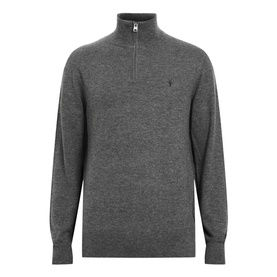 All Saints Kilburn Half-Zip Sweater in grey with ribbed trims, half-zip fastening, and small logo detail at chest