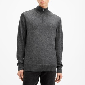 Model wearing All Saints Kilburn Half-Zip Sweater in grey marl, featuring half-zip neckline, logo detail, and ribbed trims