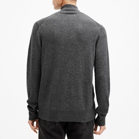 Model wearing All Saints Kilburn Half-Zip Sweater in grey marl, back view showing ribbed trims, long sleeves and straight hemline