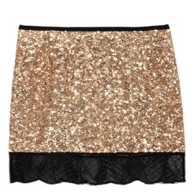 Zadig Sequin Mini Skirt in gold with all-over sequin embellishment, black lace trim at hem and elasticated waistband