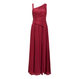 Forever New Nya Ruched Asymmetric Dress in berry red, featuring one-shoulder ruched bodice, pleated flared maxi skirt, sleeveless