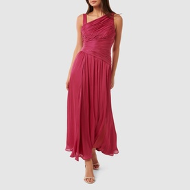 Model wearing Forever New Nya Ruched Asymmetric Dress in raspberry, featuring asymmetric ruched bodice and pleated flared maxi skirt