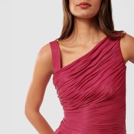 Model wearing Forever New Nya Ruched Asymmetric Dress in raspberry, showing asymmetric neckline and ruched bodice detail