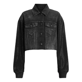 All Saints Anders Embellished Cropped Denim Jacket in black with embellished sleeves, rib-knit cuffs, button front, and chest pockets