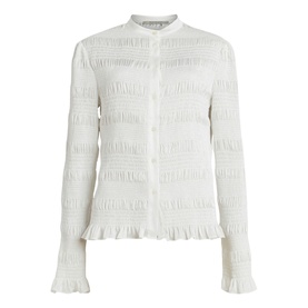 All Saints Meg Textured Shirt in white, collarless with button fastening, long sleeves, frill hemline and textured finish