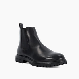 Dune Colson Leather Chelsea Boots in black, round toe, elasticated side panels, pull tab heel, chunky black rubber sole