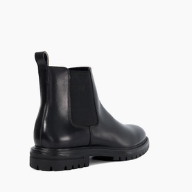 Dune Colson Leather Chelsea Boots in black, showing rear view with elasticated side panels, pull tab, and chunky rubber lug sole