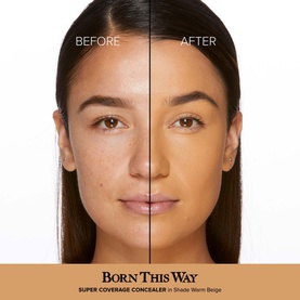 Too Faced Born This Way Super Coverage Concealer before and after split showing coverage on model's face, shade Natural Beige