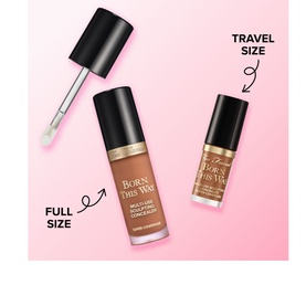 Too Faced Born This Way Super Coverage Concealer in Natural Beige, showing full-size and 2ml travel-size bottles side by side on pink background