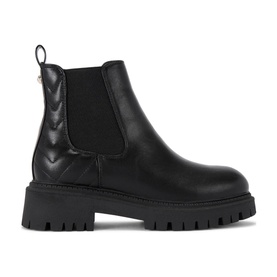 Carvela Ace Chelsea Boots in black synthetic leather with chevron quilting, C stud pull tab, side zip, and chunky black tread sole
