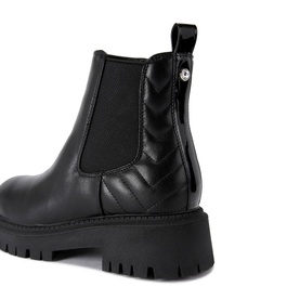 Carvela Ace Chelsea Boots in black with chevron quilting, Icon C stud pull tab, and chunky tread sole